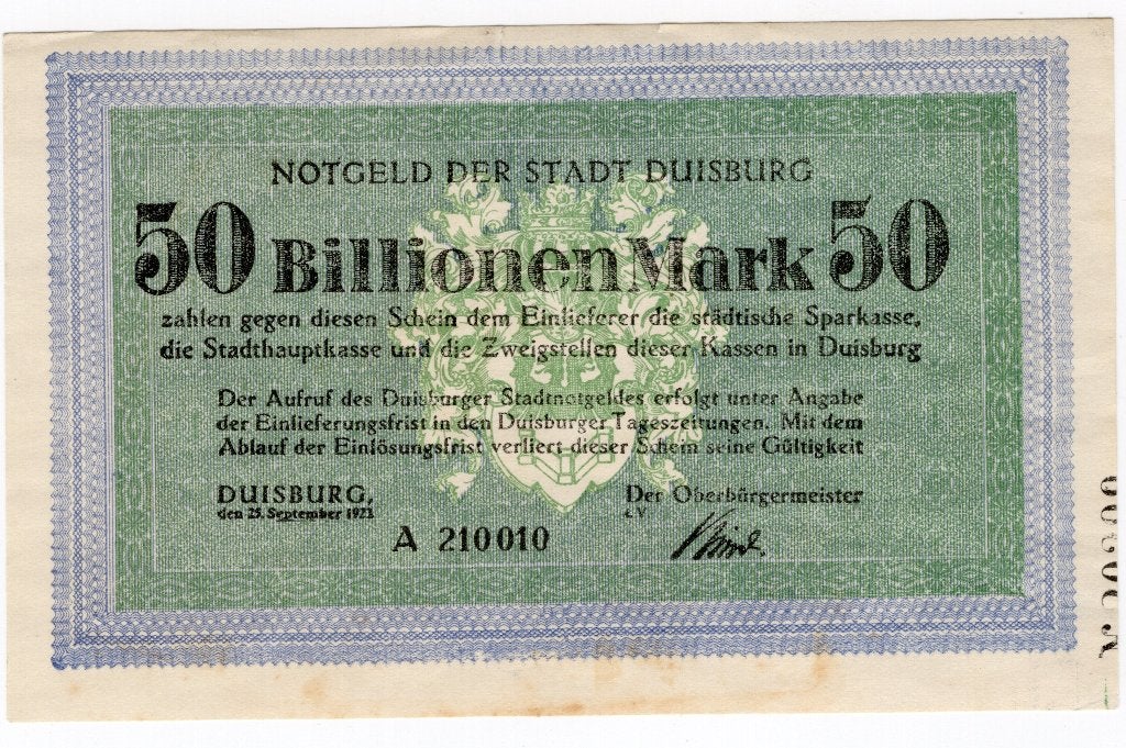 Duitsland 50 Biljoen Mark  Duisberg AU misdruk serie, Verzenden, Duitsland