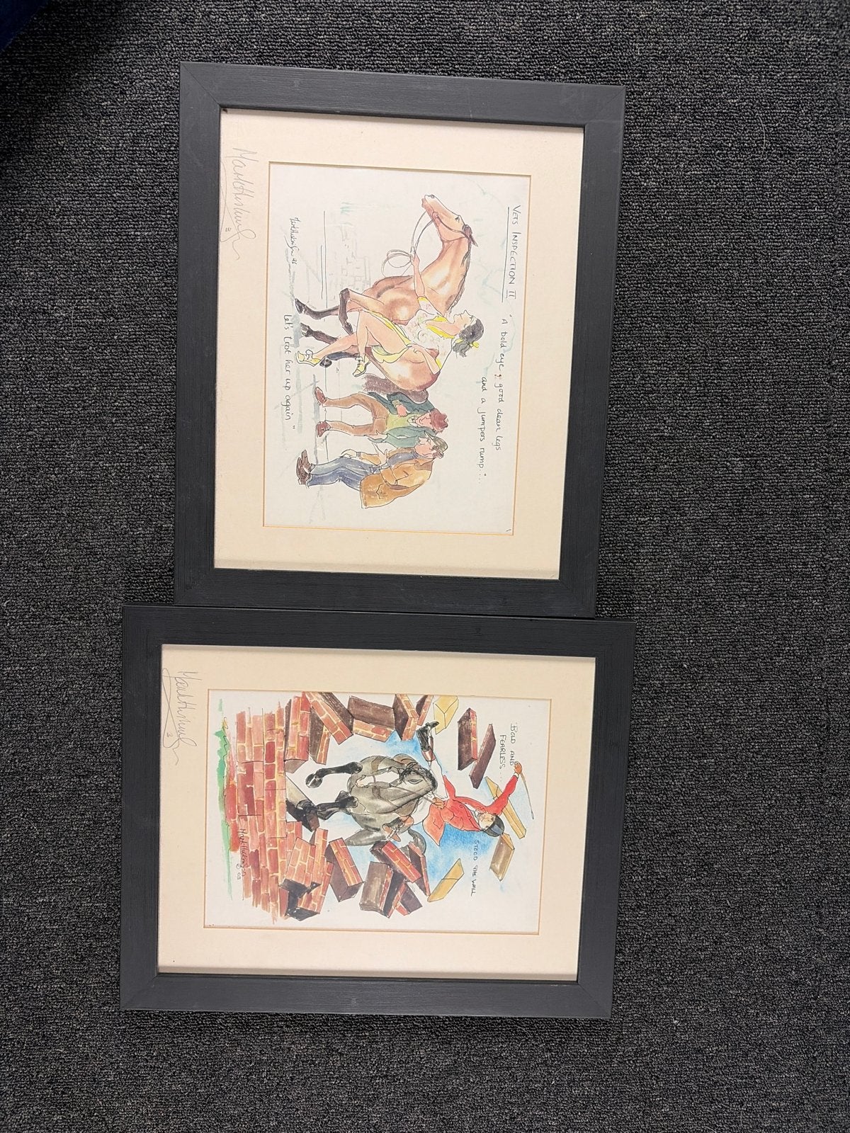 Ingelijste tekeningen van paarden en ruiters, Antiek en Kunst, Ophalen of Verzenden, Tekening, Overige technieken, Gesigneerd