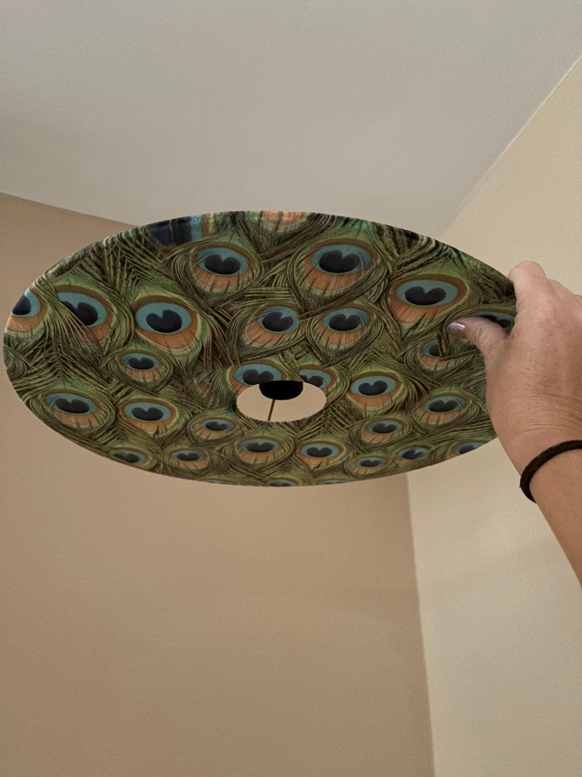 Plafondlamp velours pauw dessin, Ophalen of Verzenden, Zo goed als nieuw, Plafondlamp