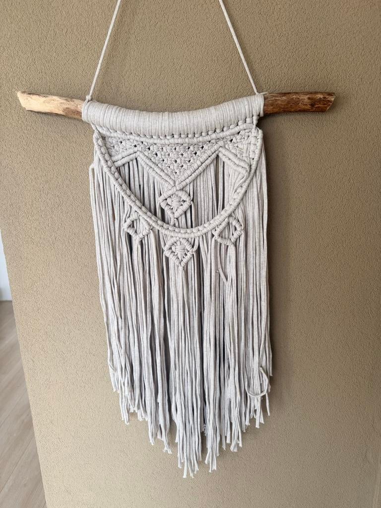 Macramé Wandhanger Grijs Beige - Boho Decoratie, Ophalen, Gebruikt, Textiel, Handgemaakt