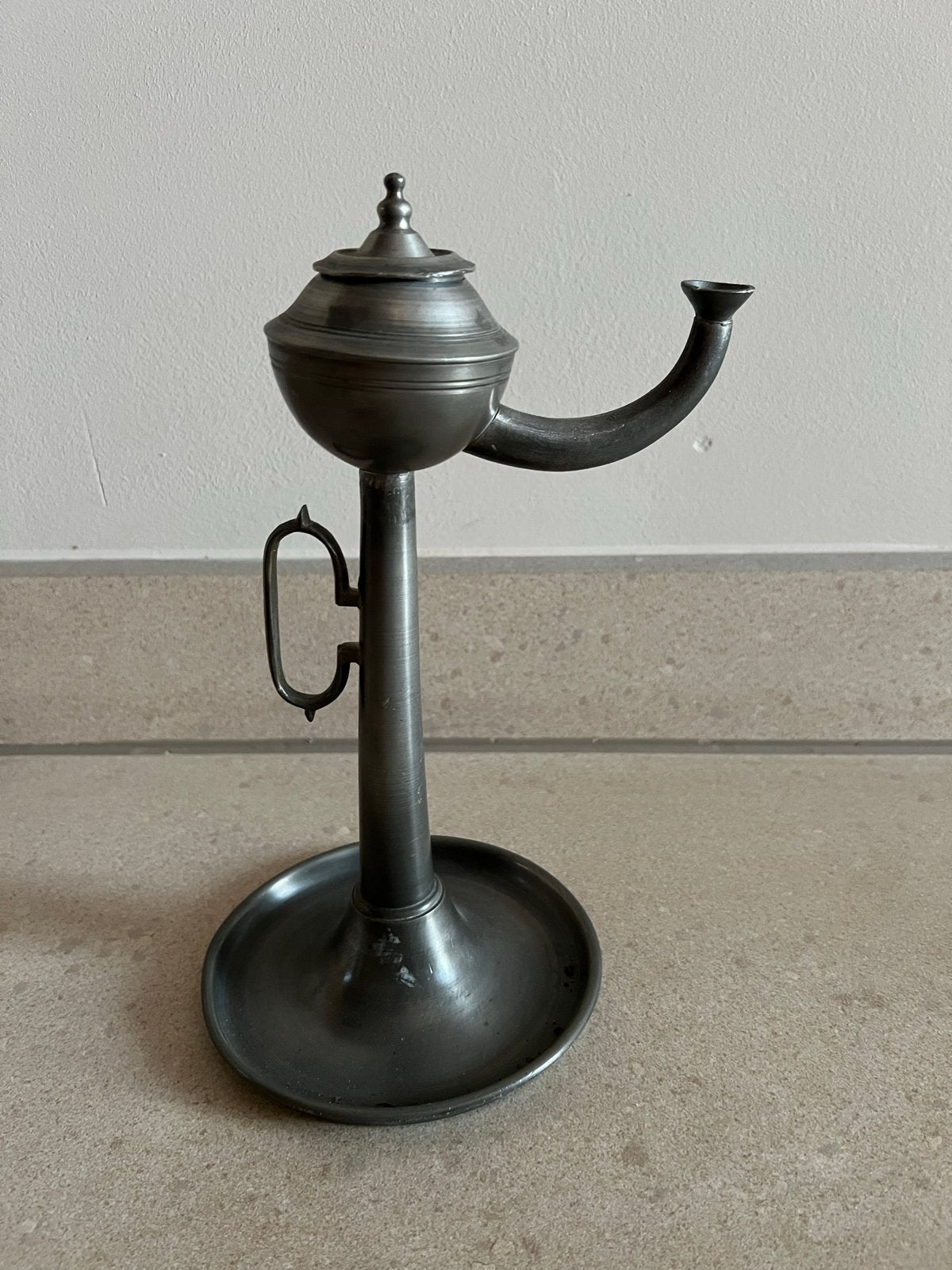 Antieke tinnen olielamp met handvat, Antiek en Kunst, Ophalen
