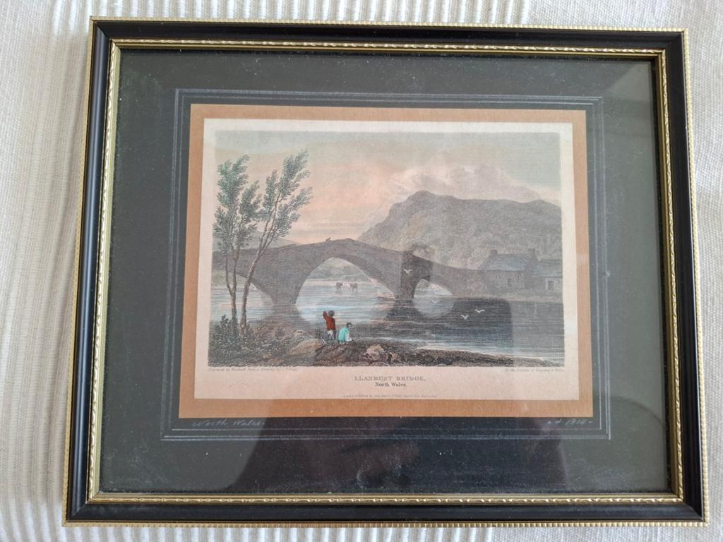 Vintage ingelijste prent van "Llanrust Bridge' noord Wales, Ophalen of Verzenden