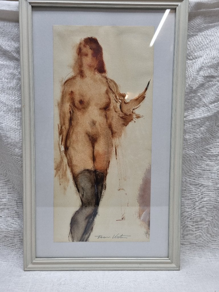 Aquarel Toon Koster naakte vrouw in panty, Ophalen, Aquarel, Overig onderwerp, Passe-partout