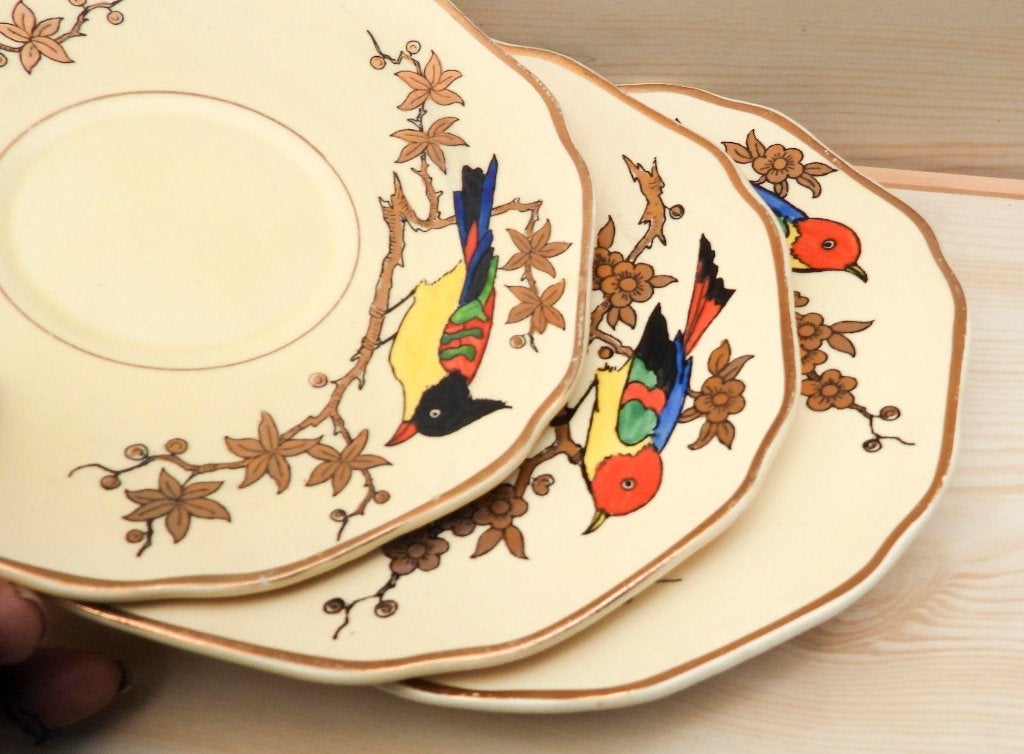 3 onderschotels  Longwy decor  Les oiseaux plateel, Gebruikt, Overige merken, Ophalen of Verzenden, Overige stijlen