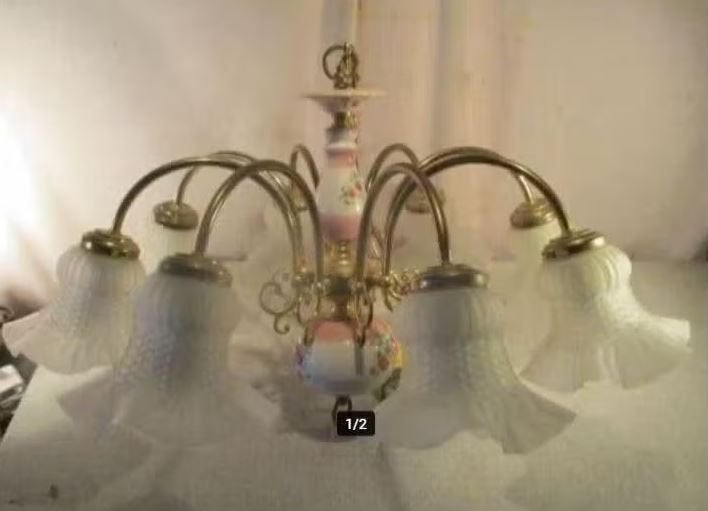 Prachtige Luchter in porselein en glas met 8 lichtpunten, Ophalen of Verzenden, Zo goed als nieuw, Glas