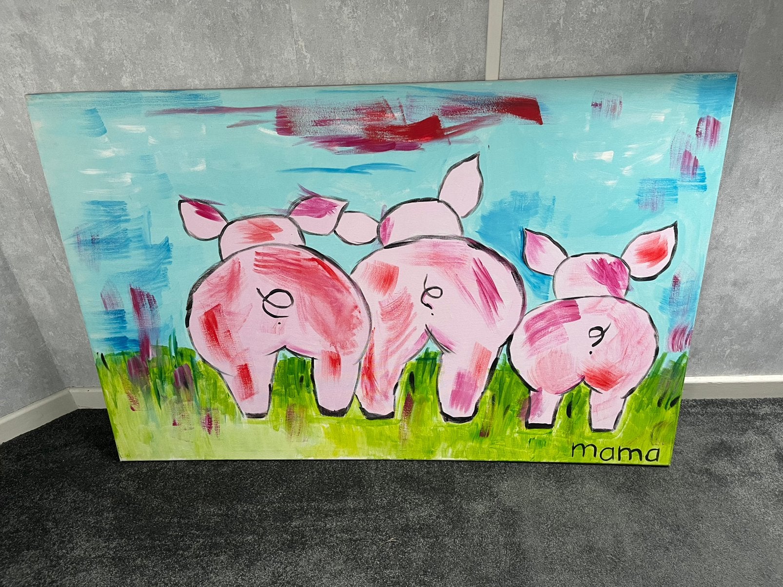Canvas schilderij met varkens 115x75cm, Ophalen, Zo goed als nieuw, Schilderij, 100 tot 125 cm