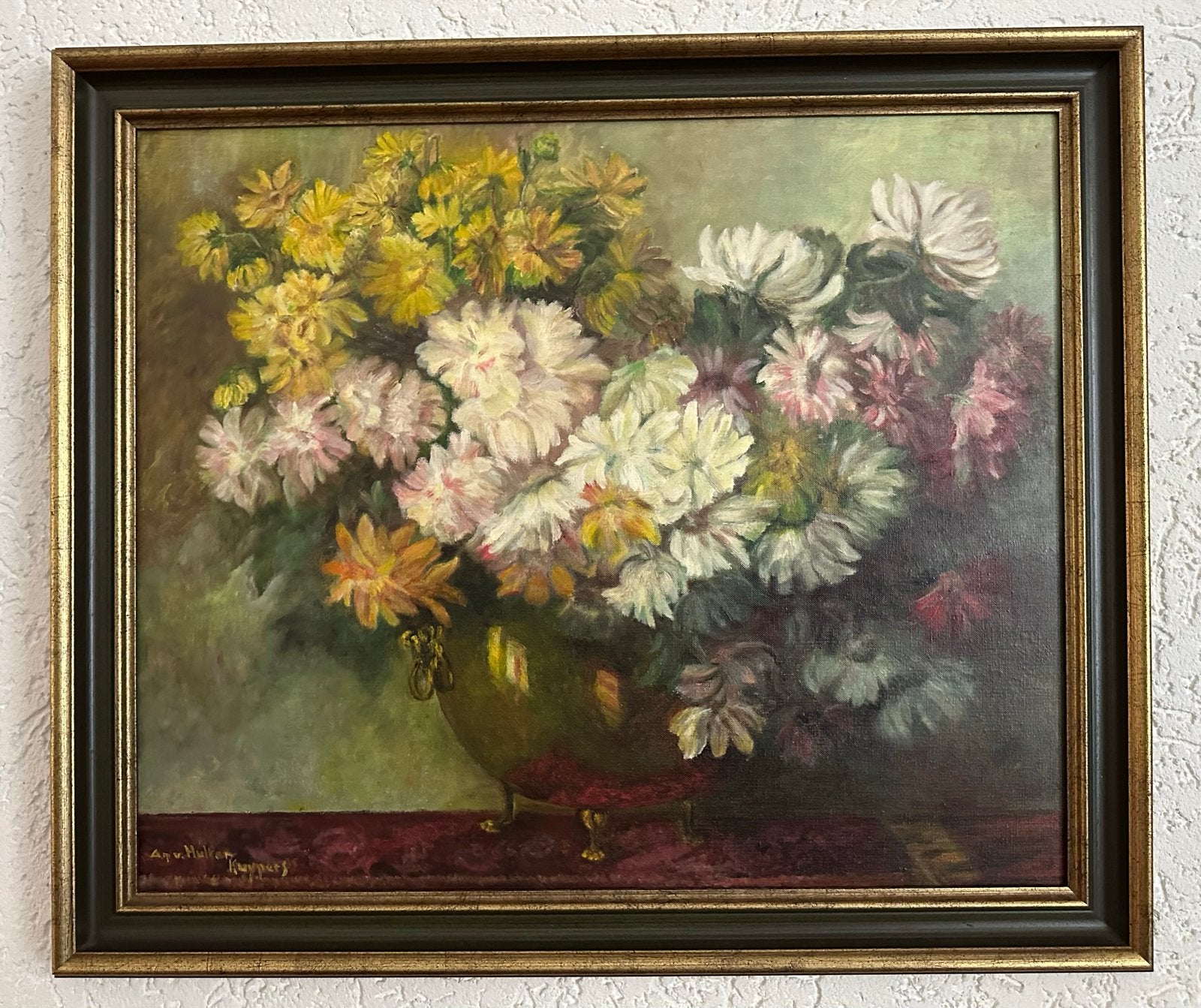 Bloemenstilleven: Levendige Chrysanten in Vaas, Doek, Realistisch, Gesigneerd, Olieverf