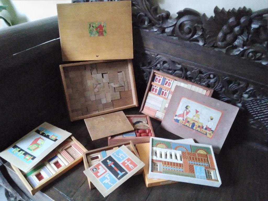 Lot van 4 oude houten blokken/ bouwdozen, Antiek en Kunst, Antiek | Speelgoed, Verzenden
