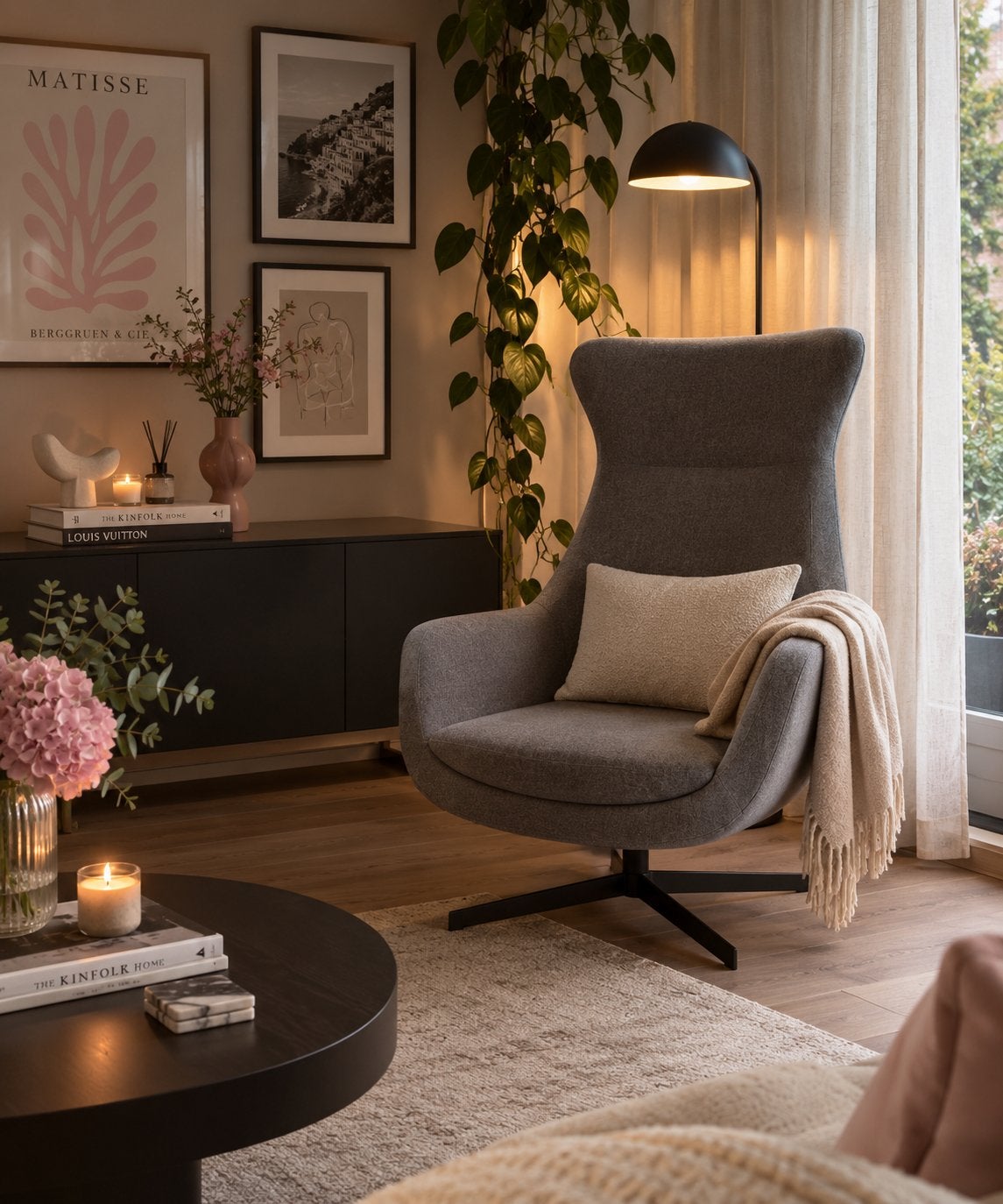 Lois Design Fauteuil - Comfortabele Grijze Draaistoel, Huis en Inrichting, Ophalen, Zo goed als nieuw, Stof, 75 tot 100 cm