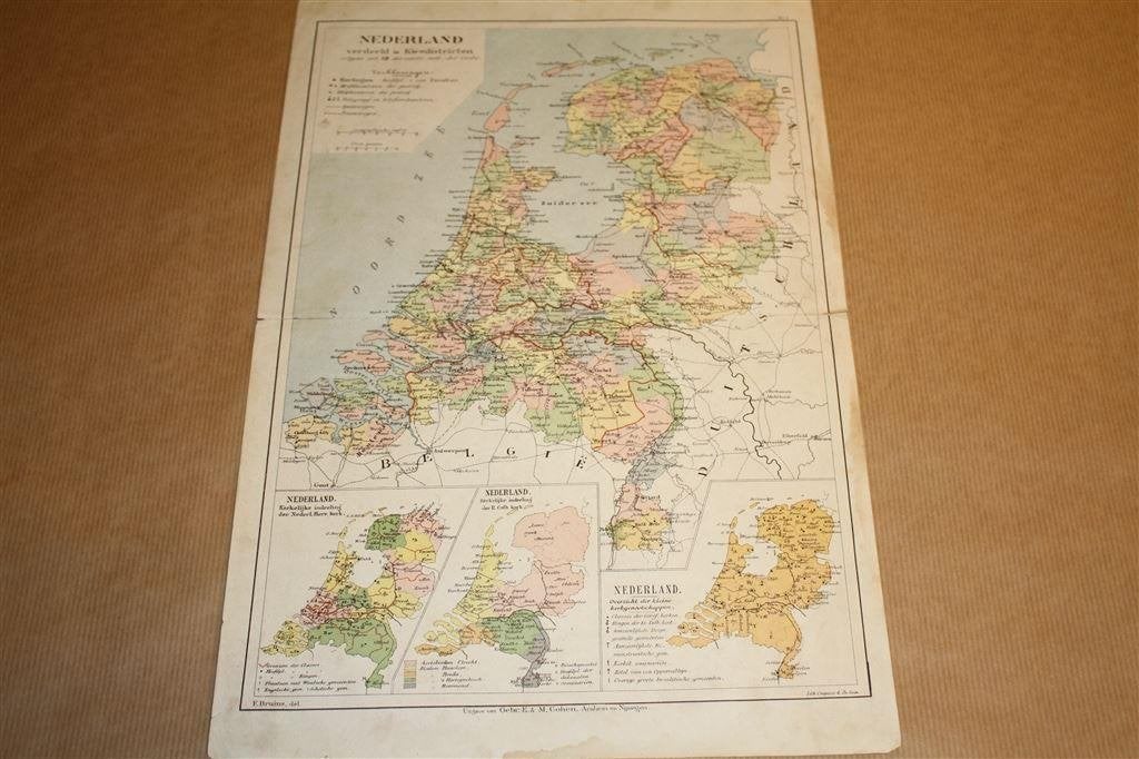 Antieke kaart - Nederland kiesdistricten - Bruins 1895 !!, Boeken, Atlassen en Landkaarten, Gelezen, Ophalen of Verzenden, Landkaart