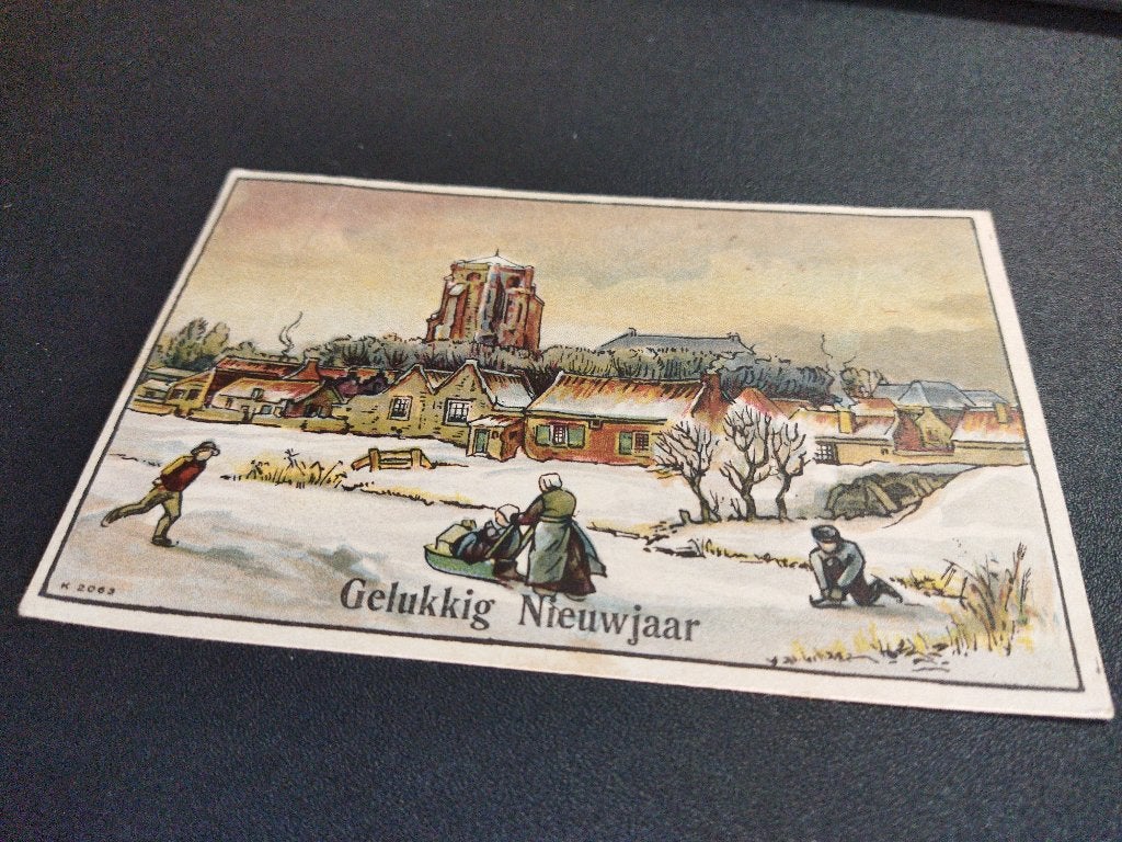 Vintage kaart Gelukkig Nieuwjaar dorpsgezicht met Kerktoren, Ophalen of Verzenden, 1940 tot 1960, Gelopen, Feest(dag)