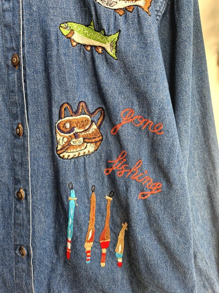 Super leuke unieke vintage denim overhemd borduursels, Ophalen of Verzenden, Zo goed als nieuw, Maat 42/44 (L), Blauw