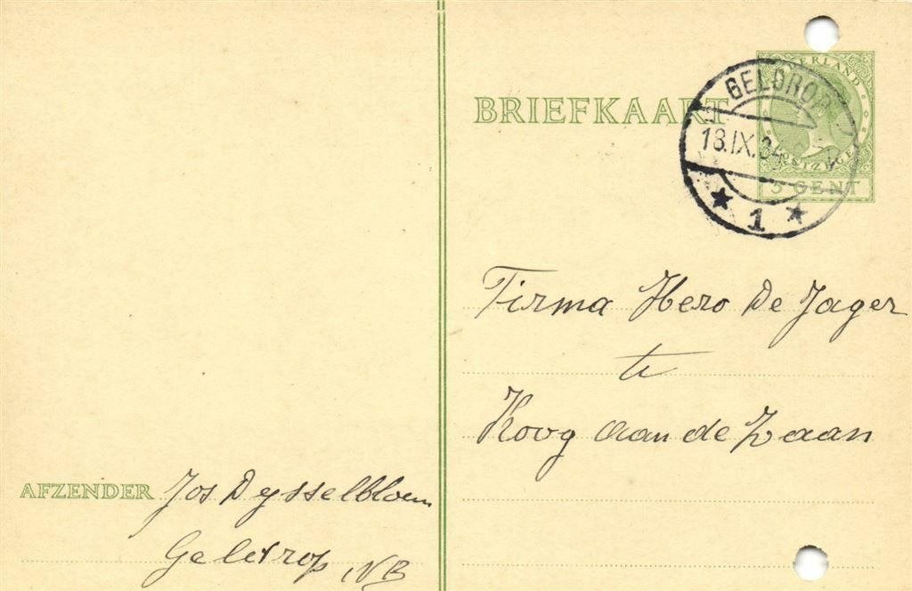 Jos Dijsselbloem, Geldrop - 09.1934 - briefkaart, Postzegels en Munten, Ophalen of Verzenden, Briefkaart