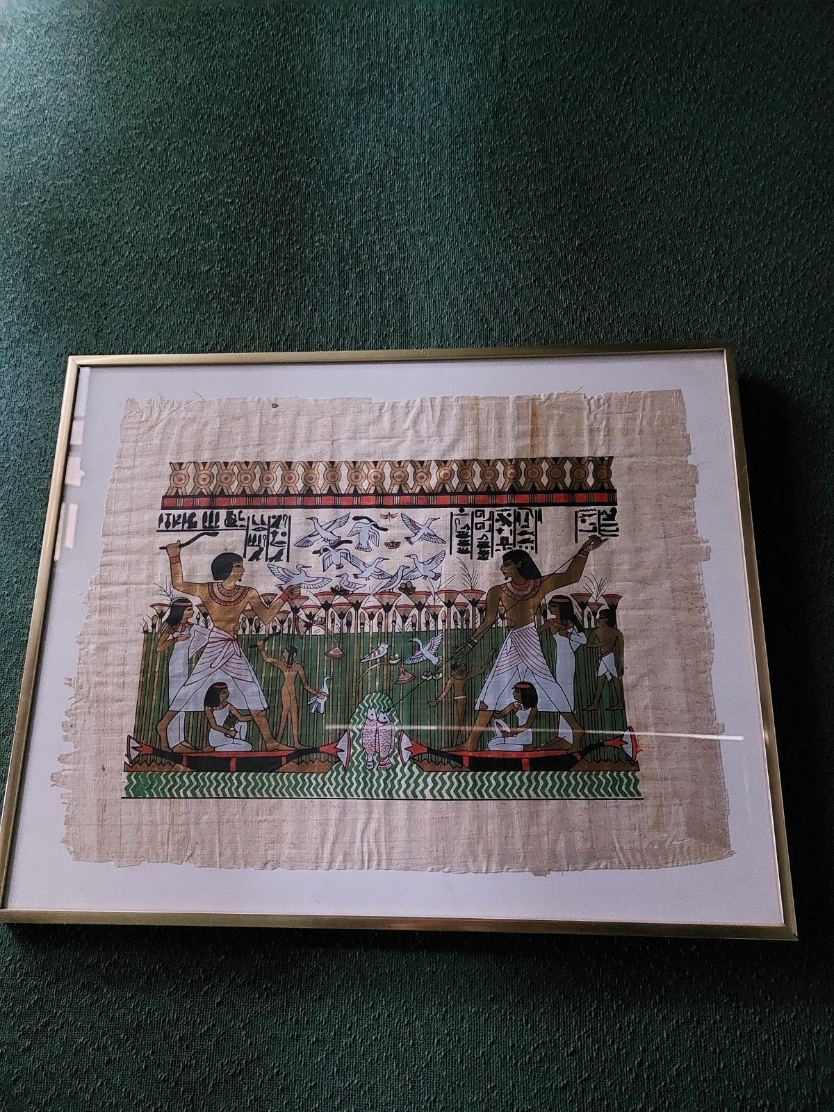 Ingelijste Egyptische Papyrus Kunst - Jachtscène, Antiek en Kunst, Ophalen of Verzenden