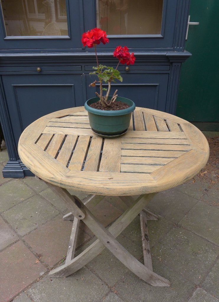 Mooi rond opklapbaar teak houten tuintafeltje, Ophalen, Gebruikt, Onbekend, Onbekend