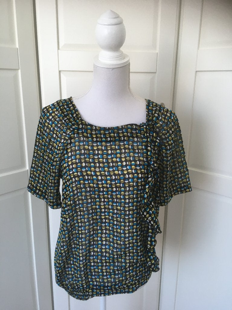 JBC zgan zwarte chiffon ruches print top, maat 40 M, Maat 38/40 (M), Ophalen of Verzenden, Zo goed als nieuw, Korte mouw