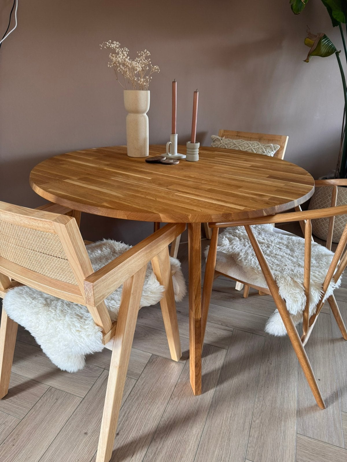 Massief eiken ronde tafel, 120cm (BLAD KAN UIT ELKAAR!), Ophalen, Zo goed als nieuw, Rond, 100 tot 150 cm
