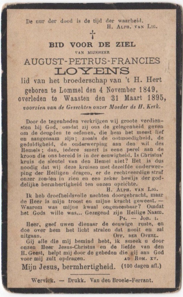 August P.F. Loyens 1849 Lommel + 1895 Waasten, 45 jaar, Ophalen of Verzenden