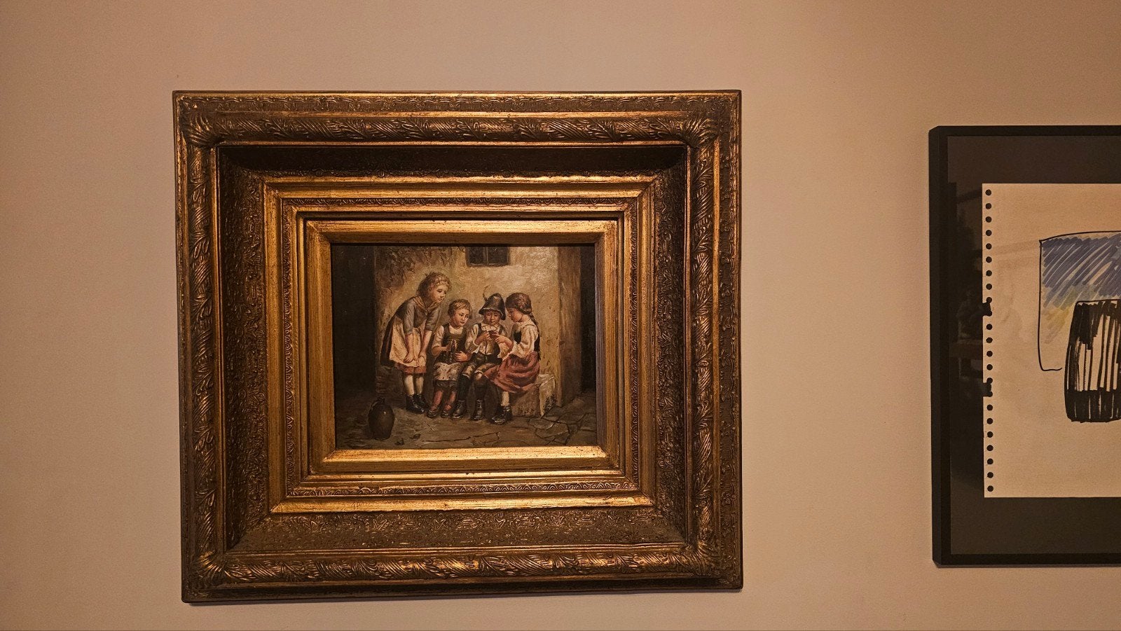Antiek olieverfschilderij Kinderen, Edmund Adler compositie, Antiek en Kunst, Doek, Portret of Personen, Bijzondere lijst, Ophalen of Verzenden