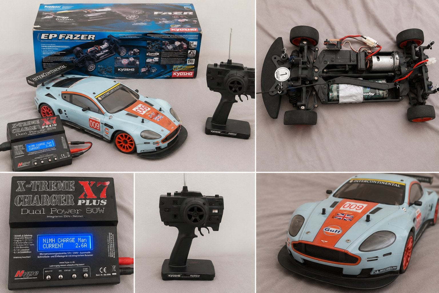 Kyosho Fazer 4WD Aston Martin DBR9 Gulf RC Auto Zender Lader, Elektro, Gebruikt, Ophalen of Verzenden, Schaal 1:10