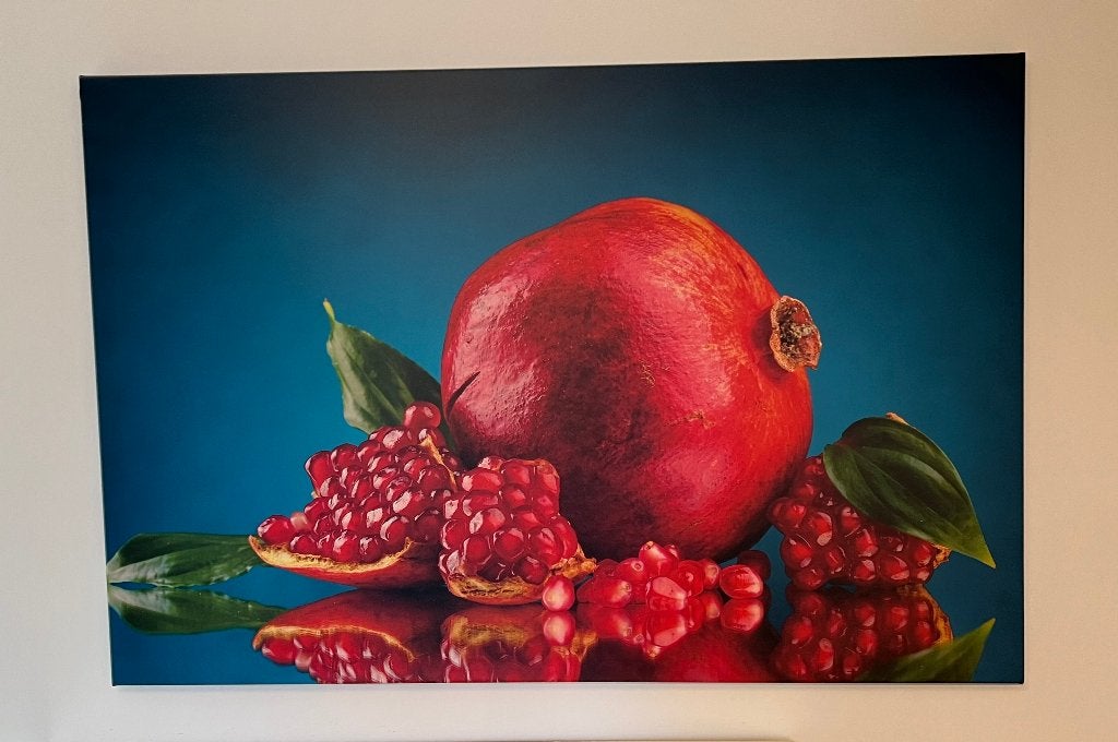 Grote kleurrijke canvasfoto granaatappel 120 x 80cm, Nieuw, Ophalen of Verzenden, Schilderij, 100 tot 125 cm
