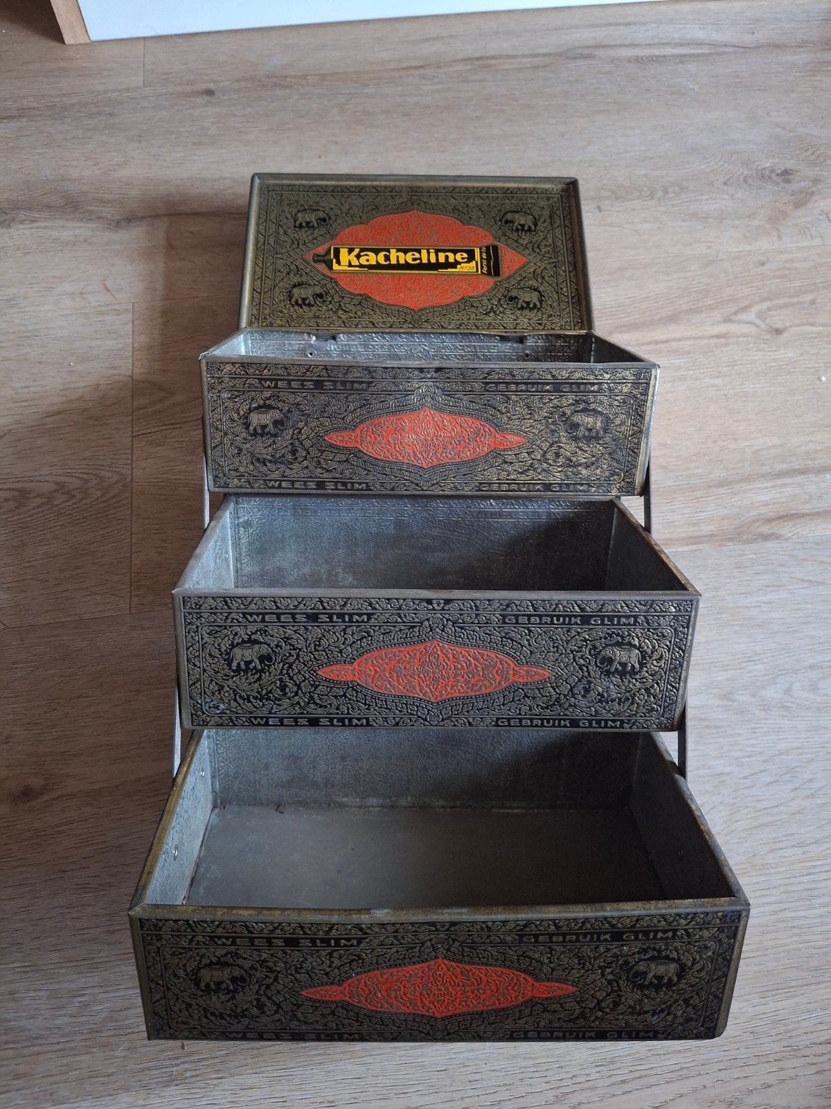 Vintage Kacheline harmonika blik - Wees slim, gebruik Glim, Ophalen of Verzenden