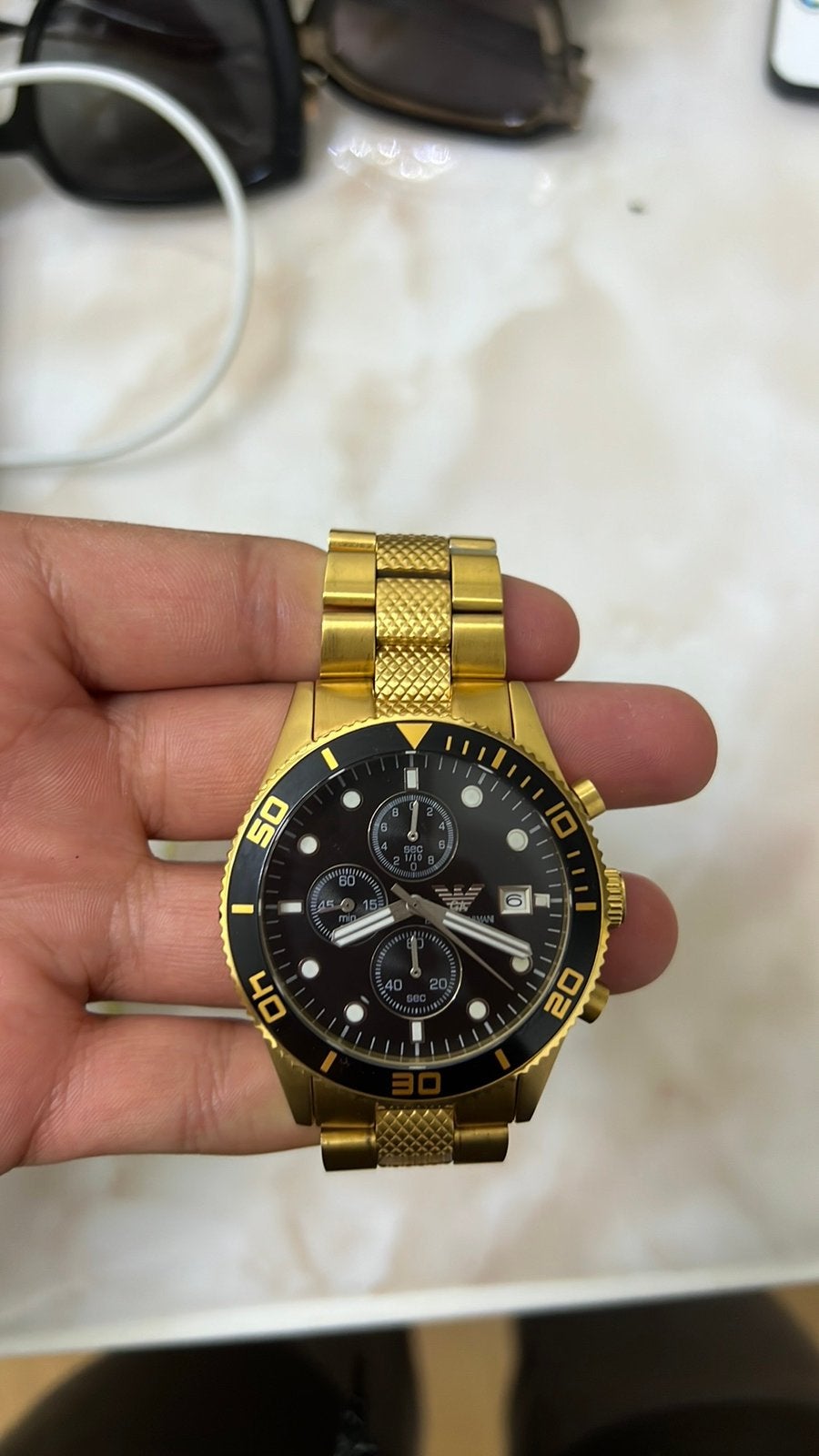 Goudkleurig Herenhorloge Chronograaf Zwart/Goud, Ophalen of Verzenden, Zo goed als nieuw, Staal, Overige merken
