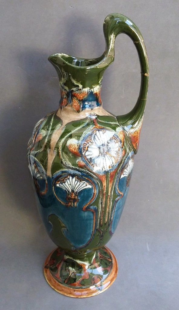 Omstreeks 1900 GROTE Plateel Kruik Kan Art Nouveau MIJNLIEFF, Ophalen of Verzenden