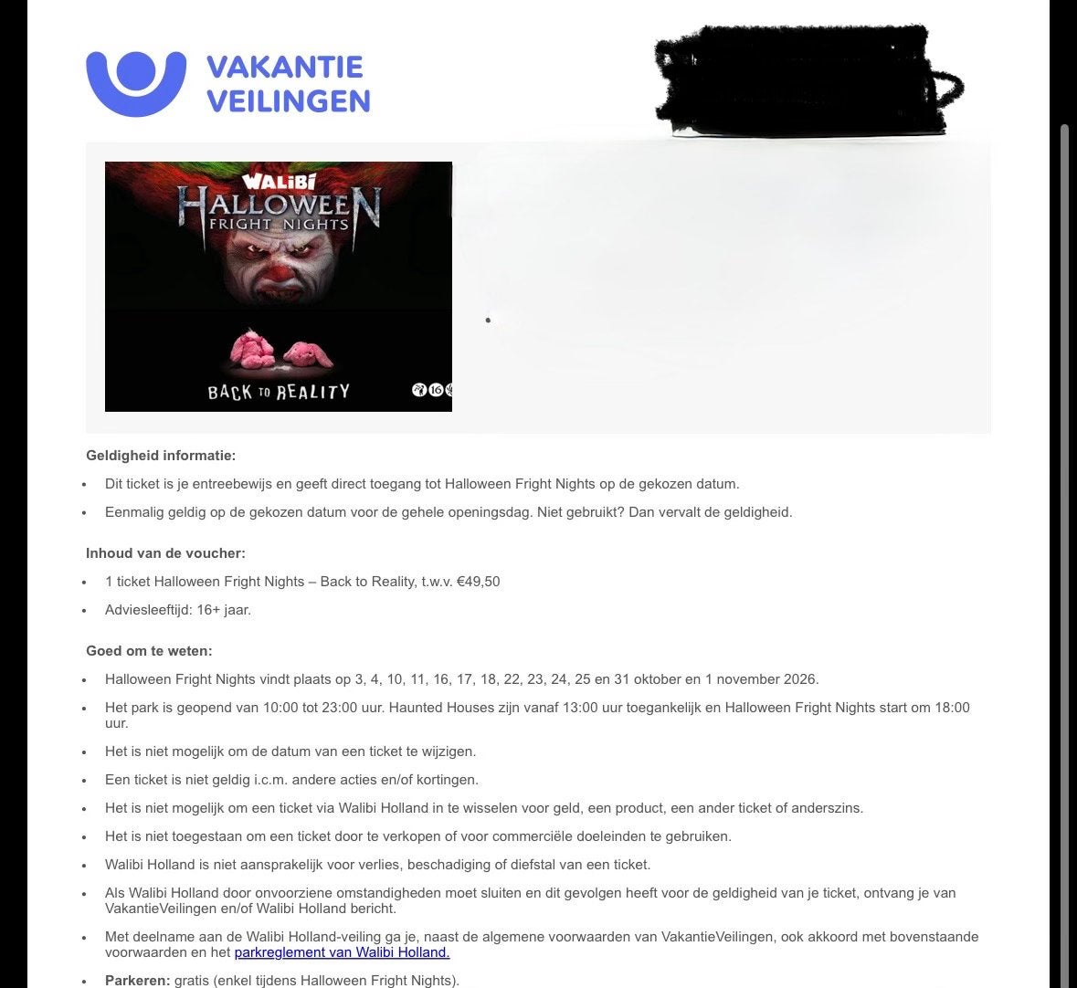 2 tickets walibi frightnight 3 oktober, Twee personen