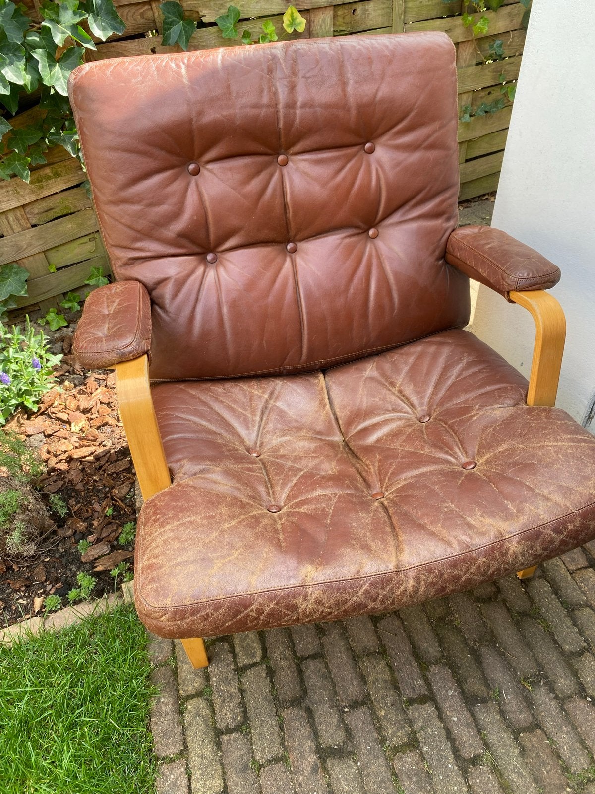 Vintage DUX fauteuil van Bruno Mathsson - Bruin leer, Ophalen, Gebruikt, 75 tot 100 cm, 50 tot 75 cm