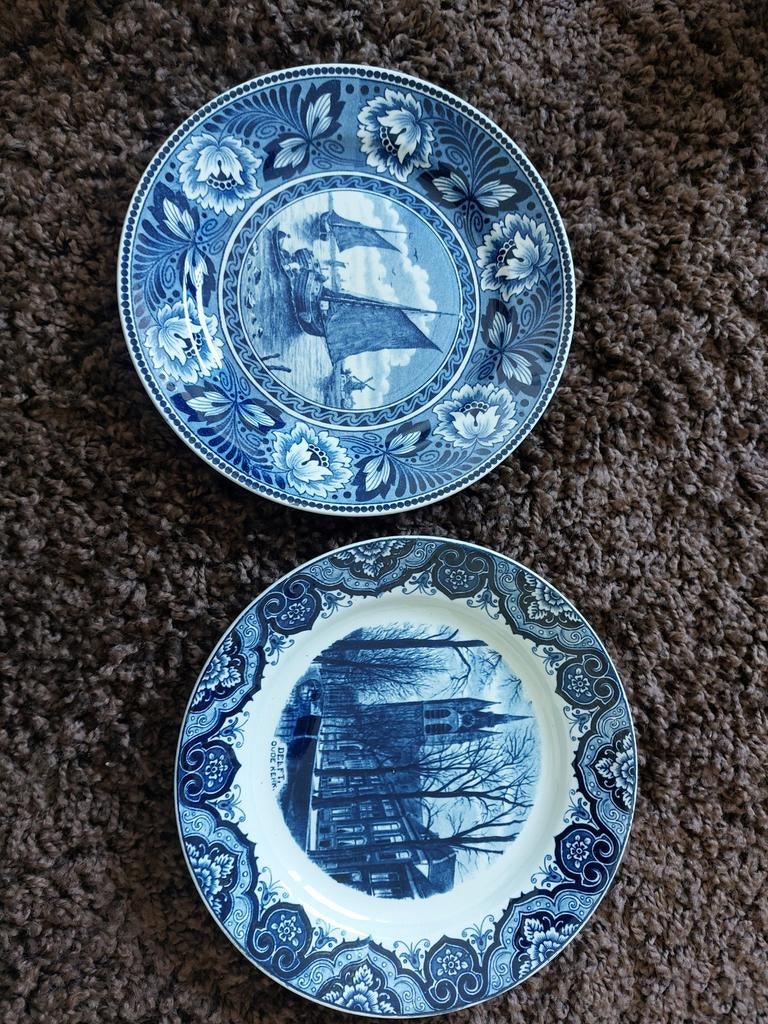 Delfts Blauw Sierborden: Oude Kerk & Schepen, Antiek en Kunst, Antiek | Wandborden en Tegels, Ophalen of Verzenden