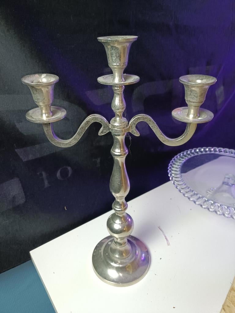 Vintage Zilverkleurige Kandelaar met 3 Armen, Ophalen of Verzenden, Overige materialen