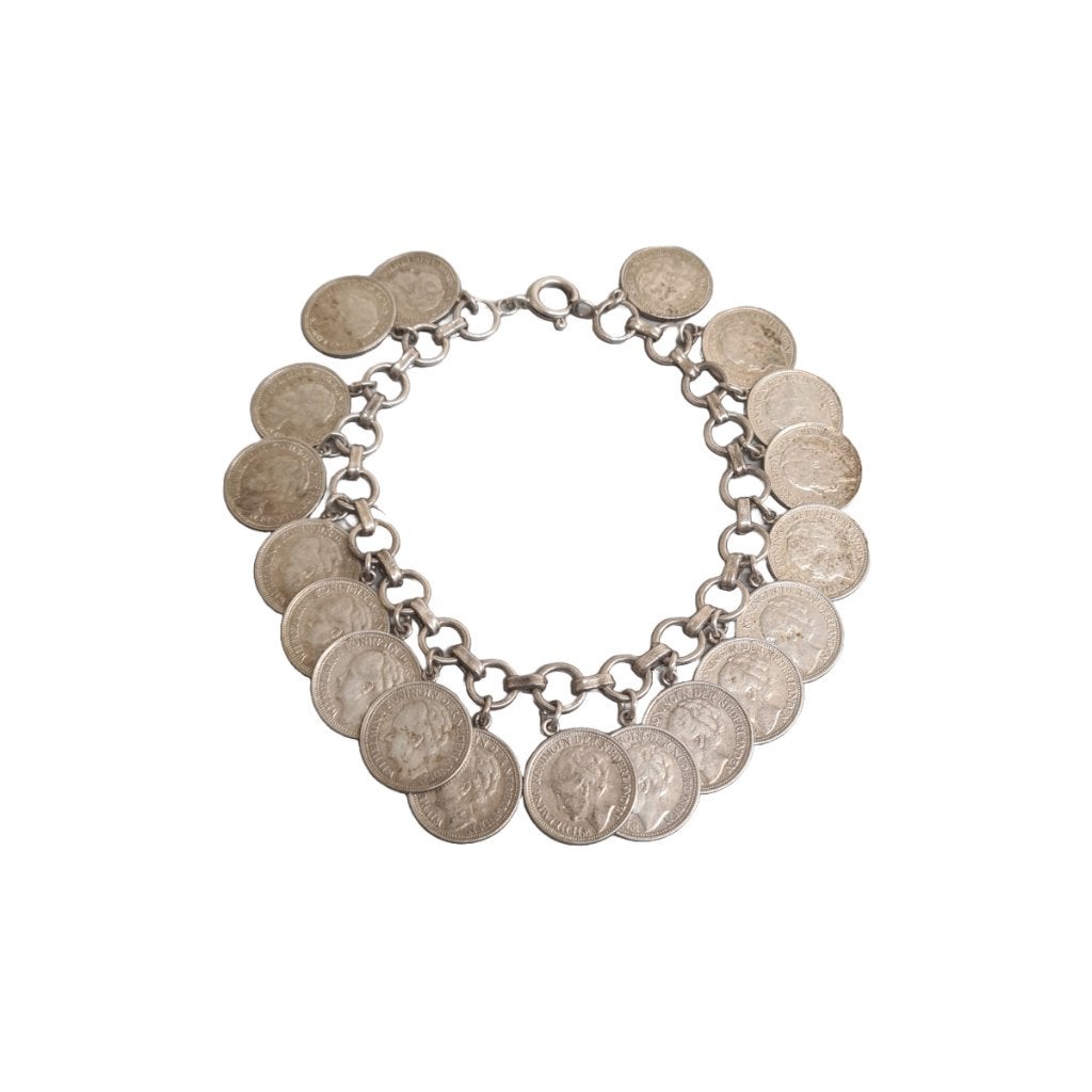 Zilveren armband met Wilhelmina dubbeltjes, Ophalen of Verzenden, Gebruikt, Zilver, Zilver