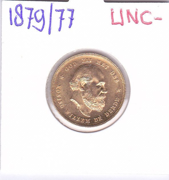 Zeldzaam schitterend gouden 1879/77 overslag voor 950 euro, Koning Willem III, Losse munt, 10 gulden, Goud
