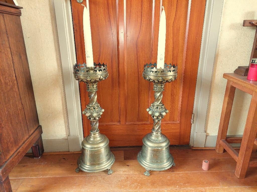 Zware bronzen kandelaars / 69 centimeter / Antiek / Paar, Antiek en Kunst, Antiek | Kandelaars, Ophalen of Verzenden, Koper of Brons