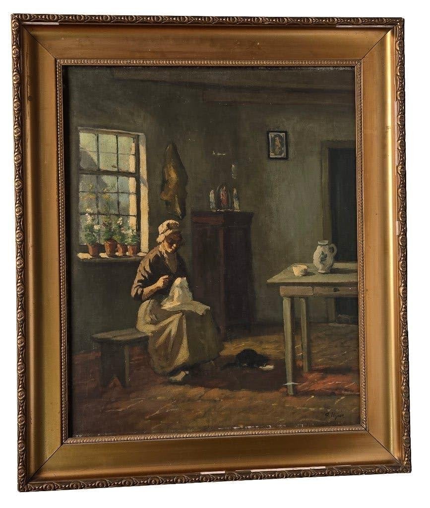 Schilderij A. Hijner "Bordurende vrouw", Ophalen
