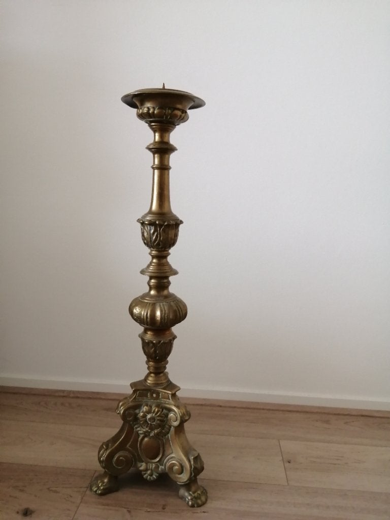 Zwaar massief koper vloer kandelaar hoog 60cm, Ophalen of Verzenden, Koper