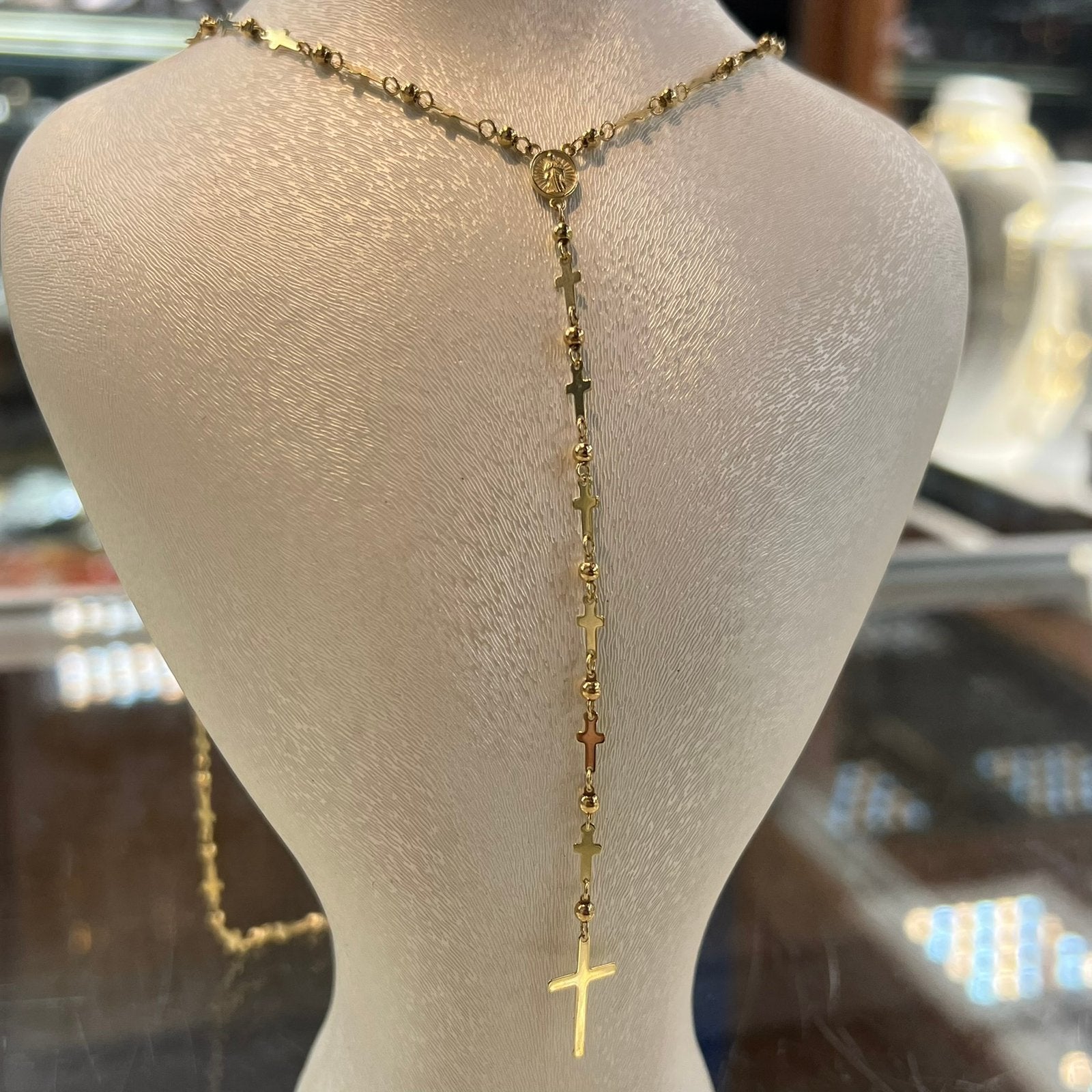 14k gouden rozenkrans ketting prachtig kruis schakel, Ophalen of Verzenden, Nieuw, Overige kleuren, Goud