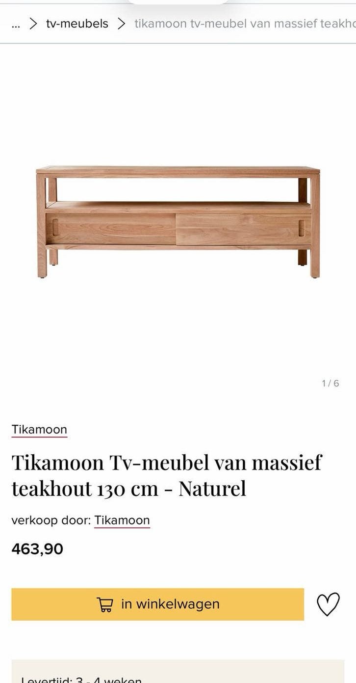 Hout eiken tv meubel van tikamoon in goede staat! 130x40x50, Ophalen, Minder dan 50 cm, 100 tot 150 cm, Eikenhout