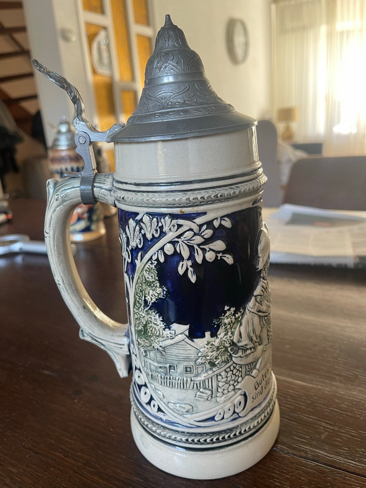 Vintage Duitse Bierpul met Tin Deksel - Handgemaakt, Antiek en Kunst, Ophalen of Verzenden