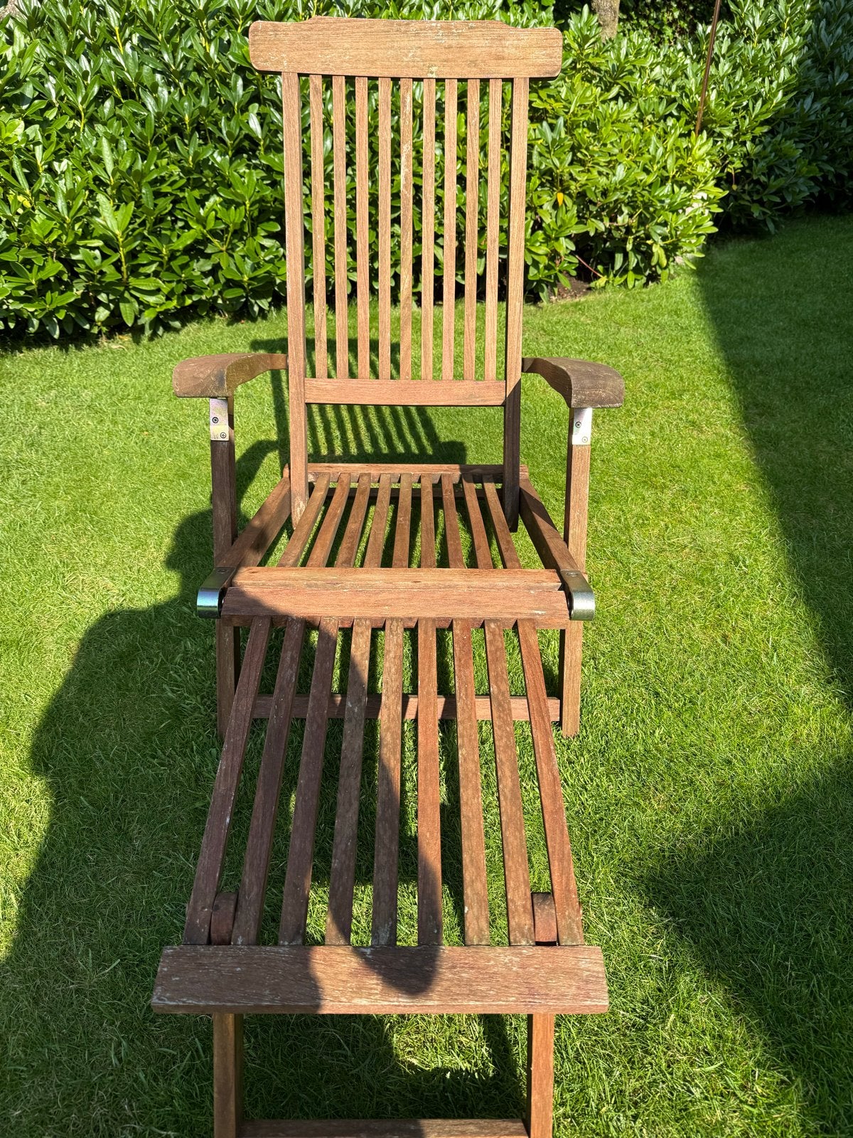 Verstelbare Teakhouten deckchair Tuinstoel met Voetenbank, Ophalen, Gebruikt, Teakhout, Verstelbaar