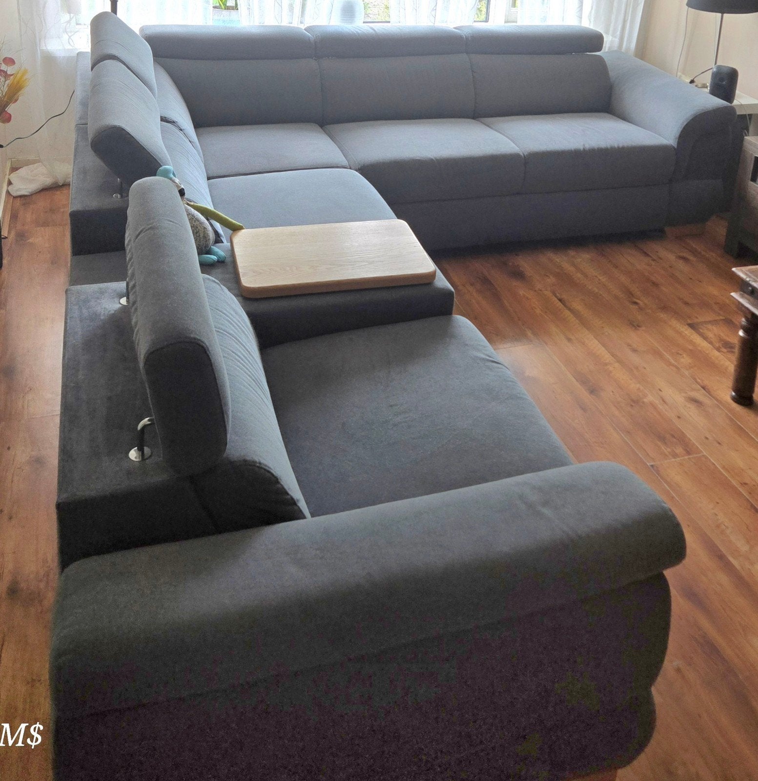 Comfortabele grijze hoekbank met verstelbare hoofdsteunen, 100 tot 125 cm, Hoekbank, 300 cm of meer, Ophalen of Verzenden