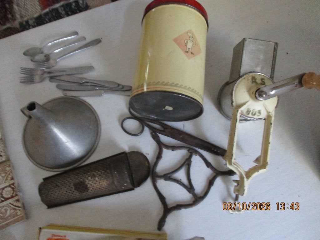 Antiek keukenspullen emaille kook stel blik molentje etc, Ophalen of Verzenden