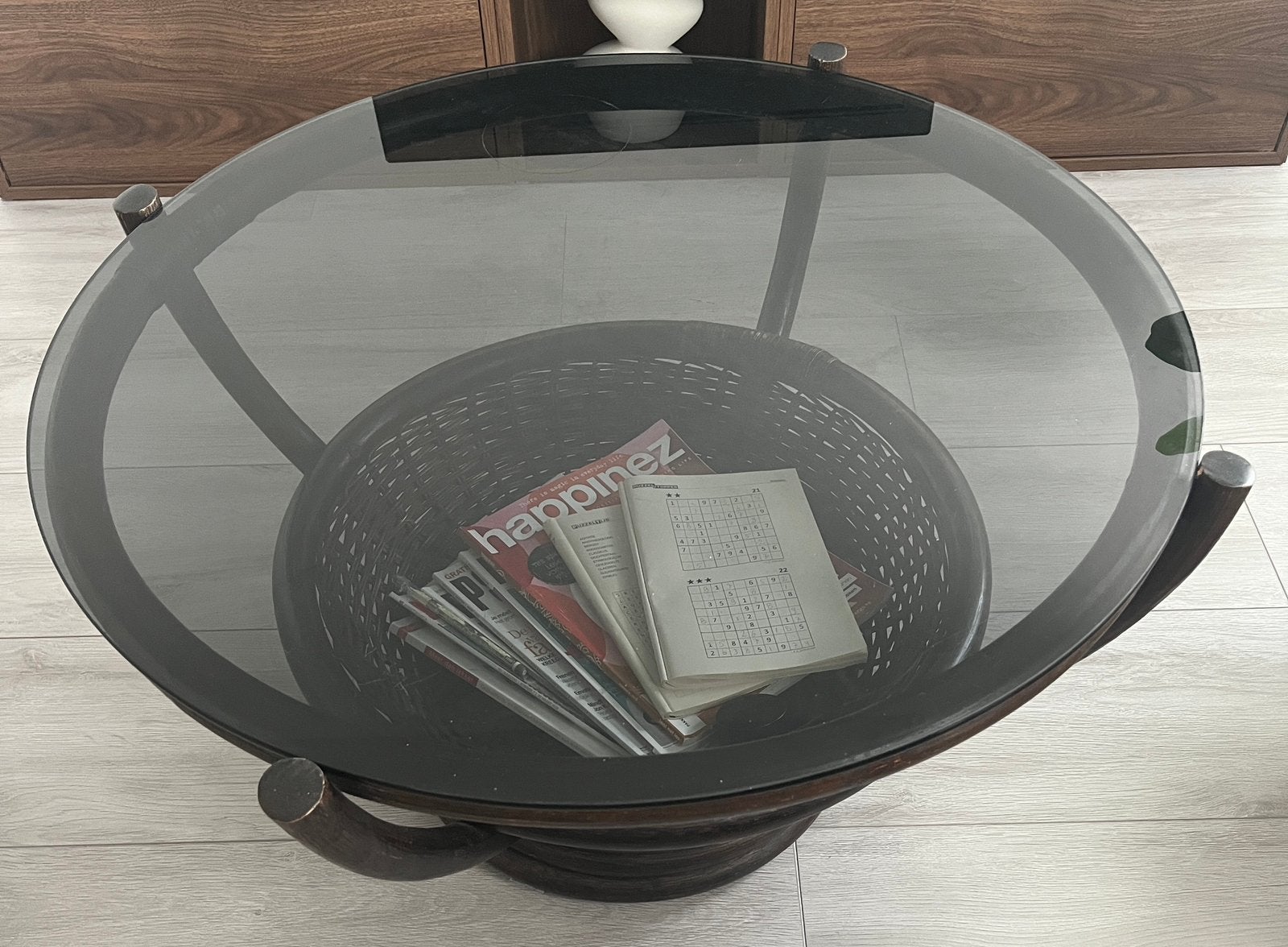 manou rattan rotan jaren 70 vintage salontafel rookglas, Ophalen, Gebruikt