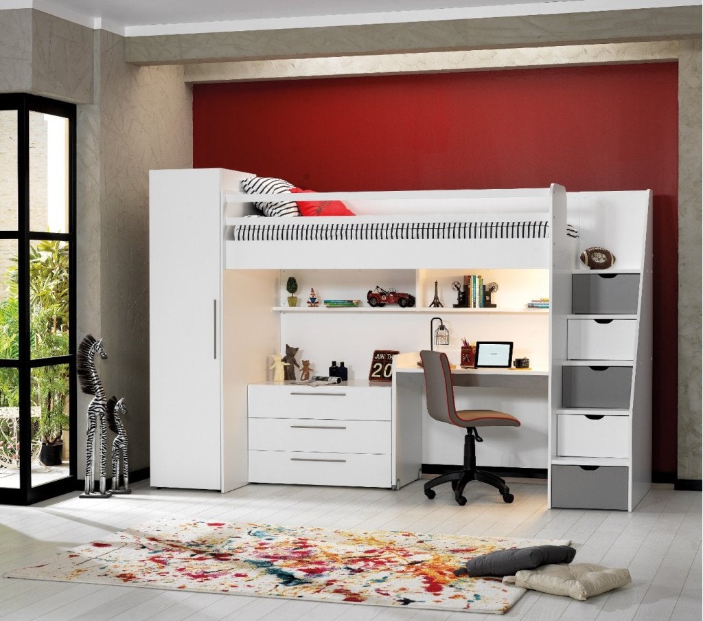 Neo hoogslaper met bureau, ladekast en kledingkast - 90x200, Niet ingevuld, Niet ingevuld, Niet ingevuld