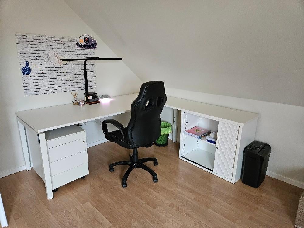 bureau meubel met ladenkast, schuifdeurkast en stoel, Huis en Inrichting, Bureaus, Ophalen, Gebruikt, Metaal, Demontabel