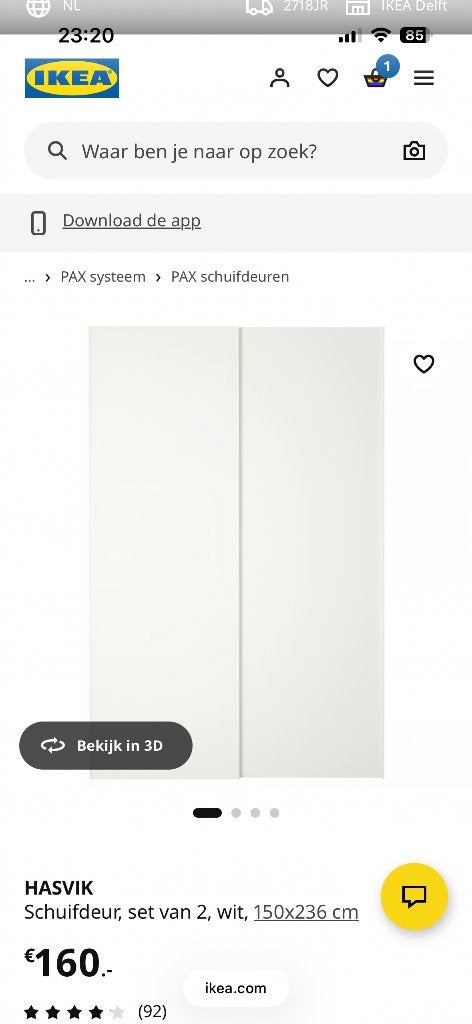 Ikea pax schuifdeur hasvik 150x236cm wit, Ophalen, Gebruikt, 200 cm of meer, 150 tot 200 cm