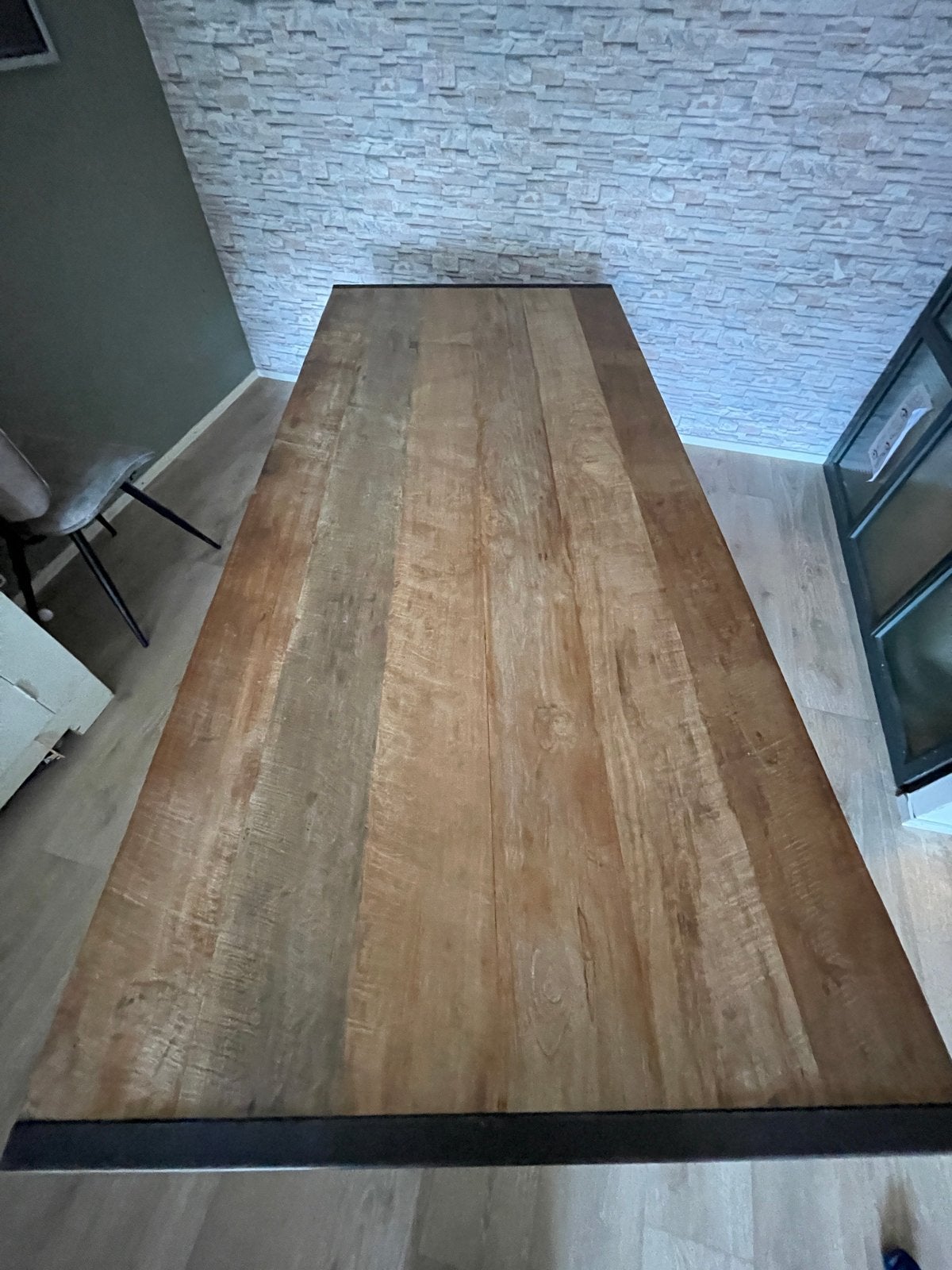 Industriële eettafel met massief houten blad 200x90 cm, Huis en Inrichting, Tafels | Eettafels, Ophalen, 50 tot 100 cm, Zo goed als nieuw