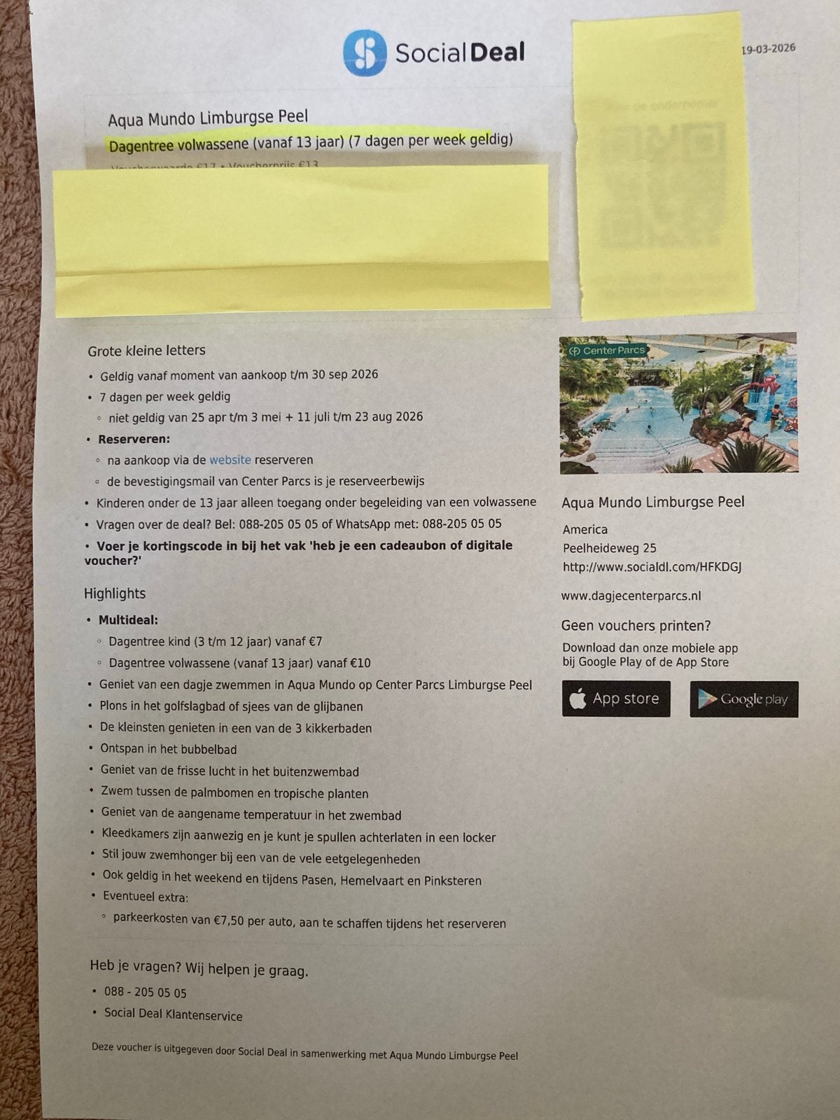 8 zwemdagtickets Aqua mundo Limburgse Peel, Drie personen of meer, Ticket of Toegangskaart