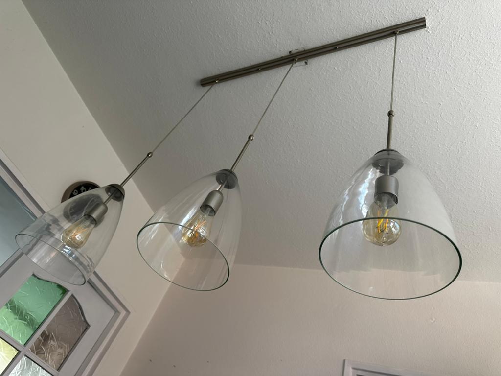 Eettafellamp met drie glazen kappen (incl. lichtbron), Huis en Inrichting, Ophalen, Zo goed als nieuw, Glas, Minder dan 50 cm